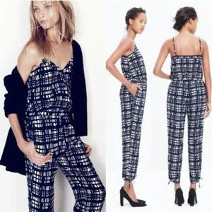 Madewell Faux Wrap Cami Jumpsuit Plaid Brush Stroke Size S Navy White Pockets